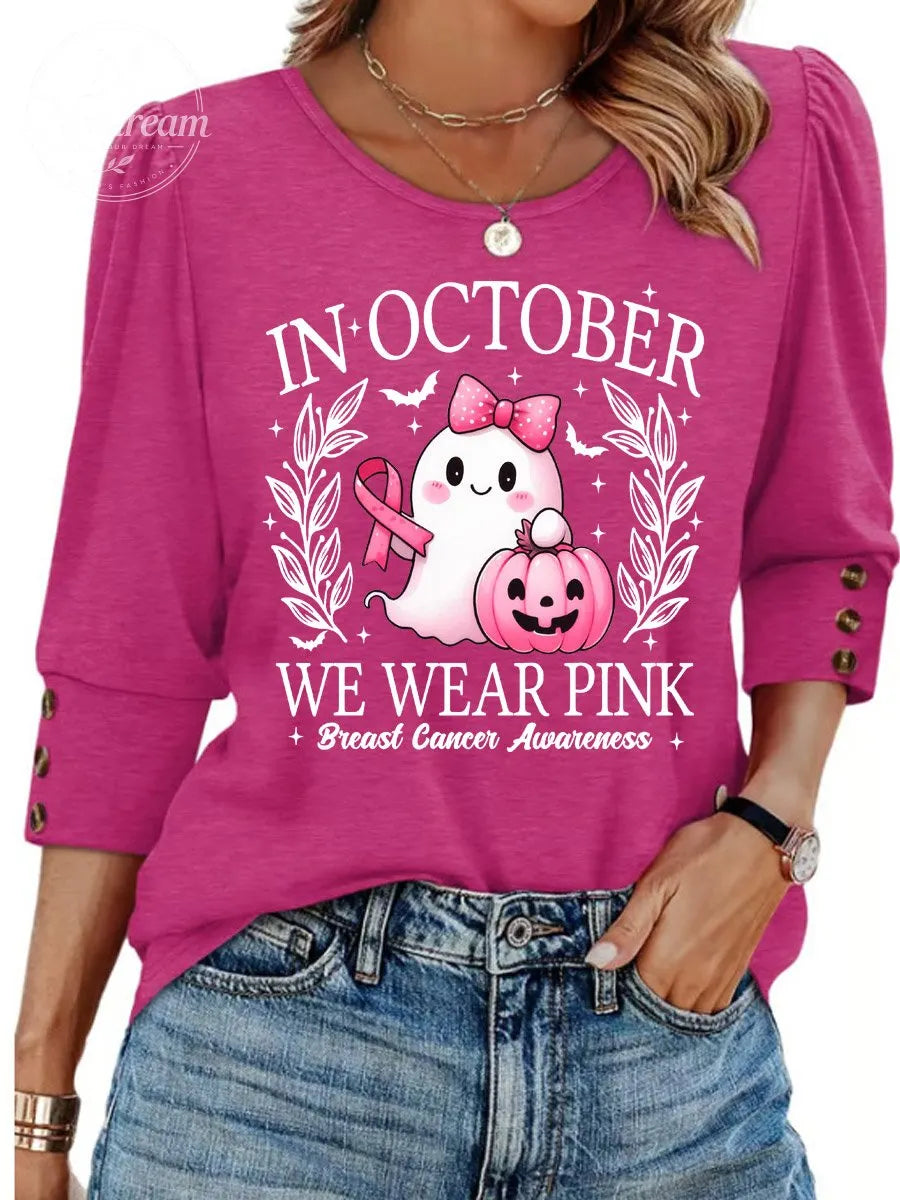Women's "We Wear October" Pink Graphic Casual 3/4 Sleeve Button Top
