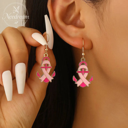 Pink Ribbon Anchor Earrings For Breast Cancer Awareness