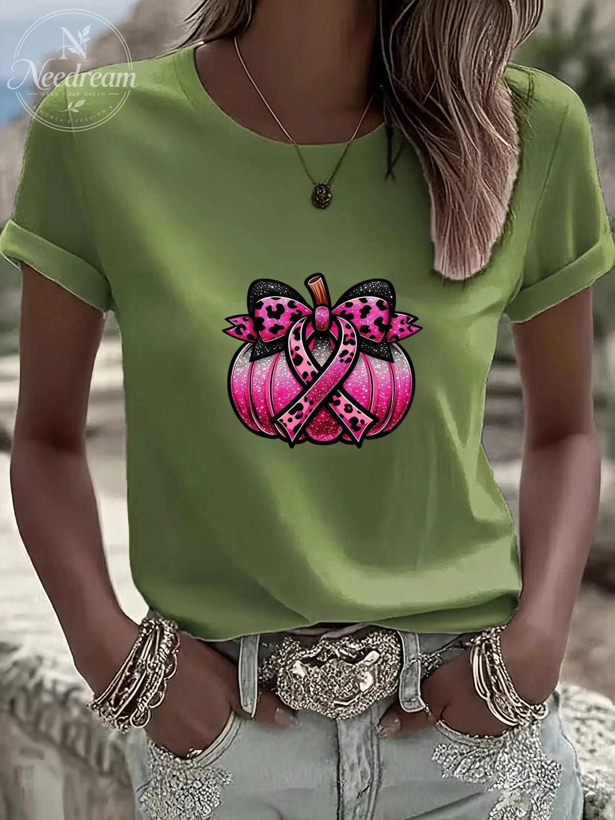 Women'S Breast Cancer Ribbon Pumpkin Casual Round Neck T-Shirt