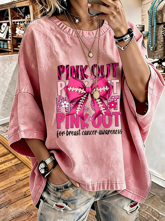 Women'S Pink Out Breast Cancer Awarenes Distressed Washed Oversized T-Shirt