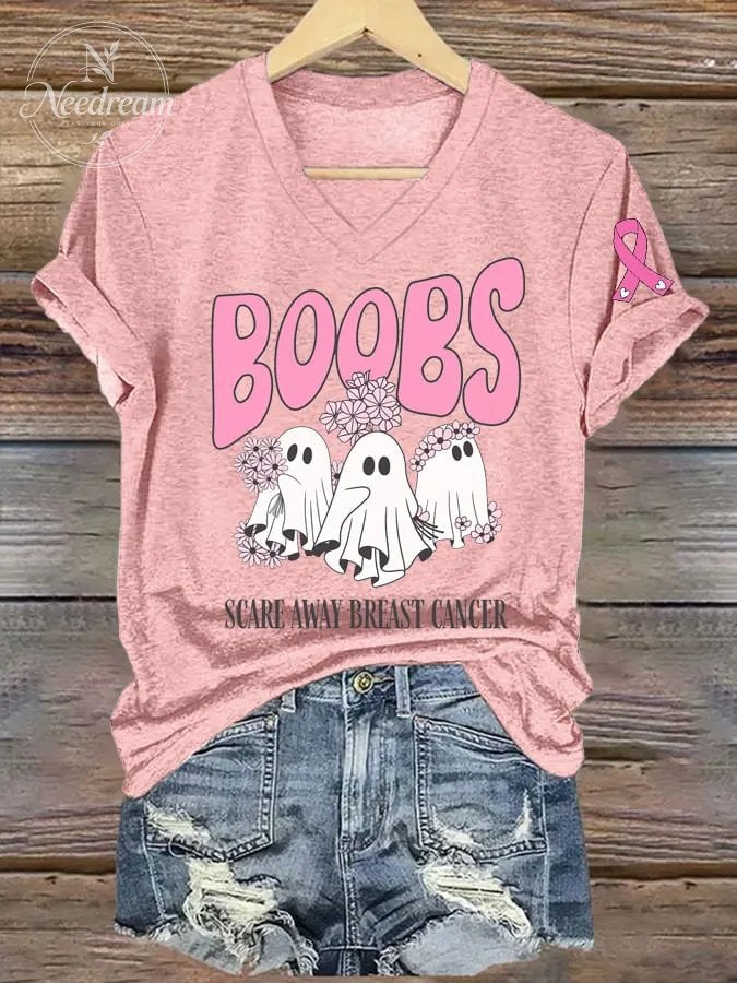 Women's Breast Cancer Awareness Print V-Neck T-Shirt