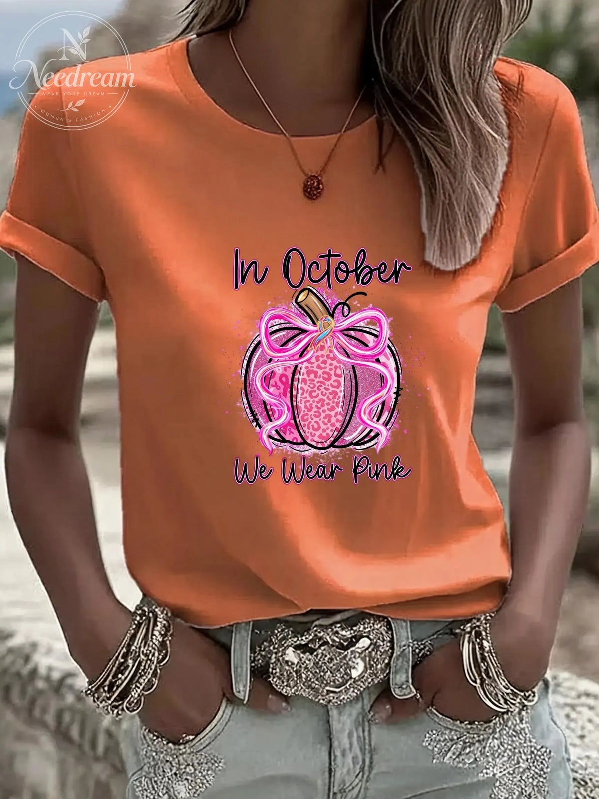 Women'S In October We Wear Pink Casual Round Neck T-Shirt