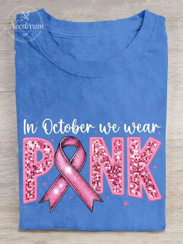 In October We Wear Pink Embroidery Breast Cancer Awareness Cotton T-Shirt
