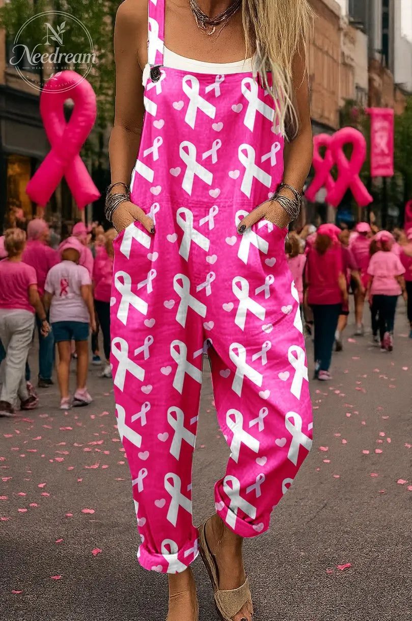 Women's In Pink October We Wear Pink Breast Cancer  Pattern Print  Casual Cotton Pocket Jumpsuit