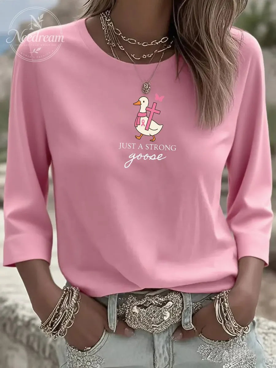 Women's Breast Cancer Just Strong Goose Three-Quarter Sleeve Round Neck T-Shirt