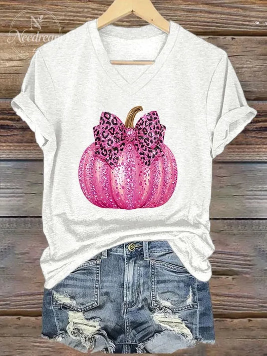 Women's Pink Pumpkin Print Breast Cancer Awareness T-Shirt