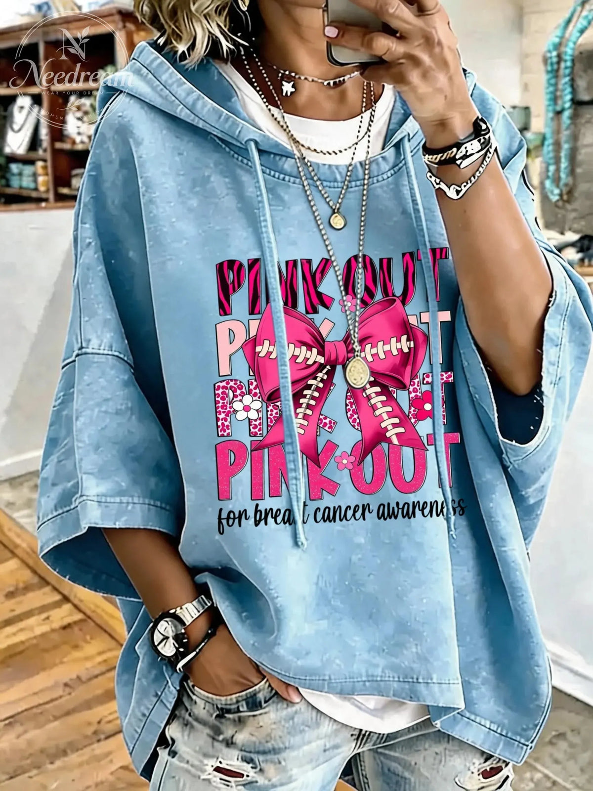 Women'S Pink Out Breast Cancer Awareness Distressed Washed Oversized Hoodie
