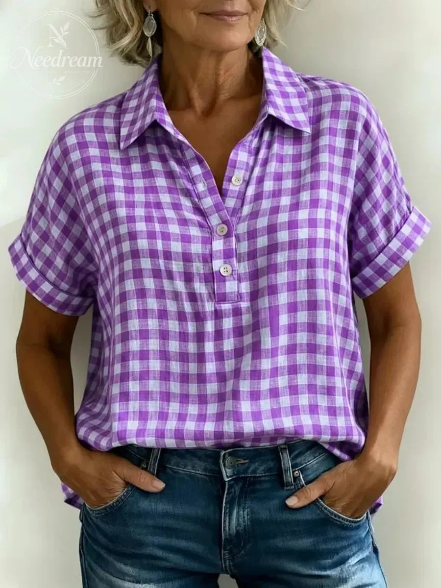Women's Classic Plaid Cotton-Linen V-Neck Button-Front Shirt