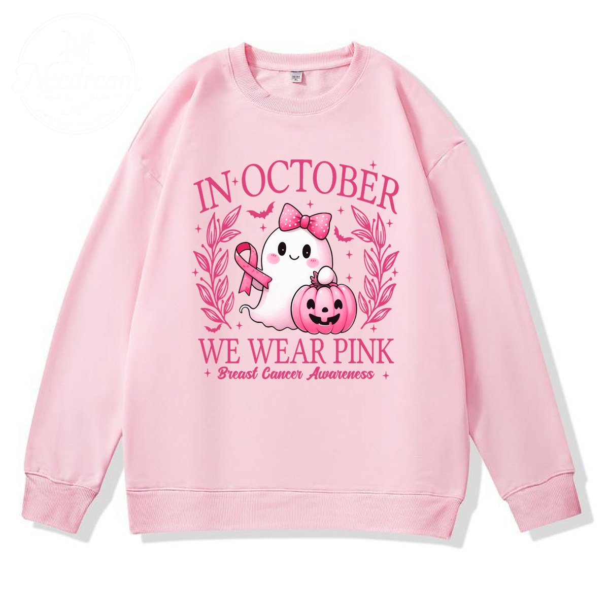 In October We Wear Pink Pattern 100% 300g CottonCrew Neck Sweatshirt