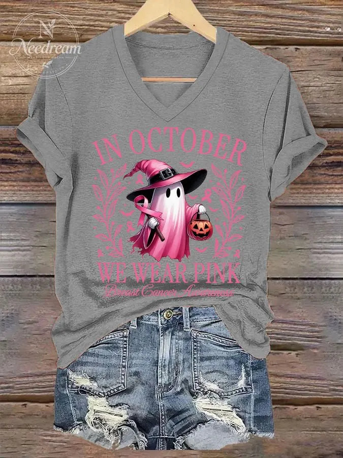 Women's In October We Wear Pink Halloween Ghost Breast Cancer Awareness Warrior V-Neck Tee