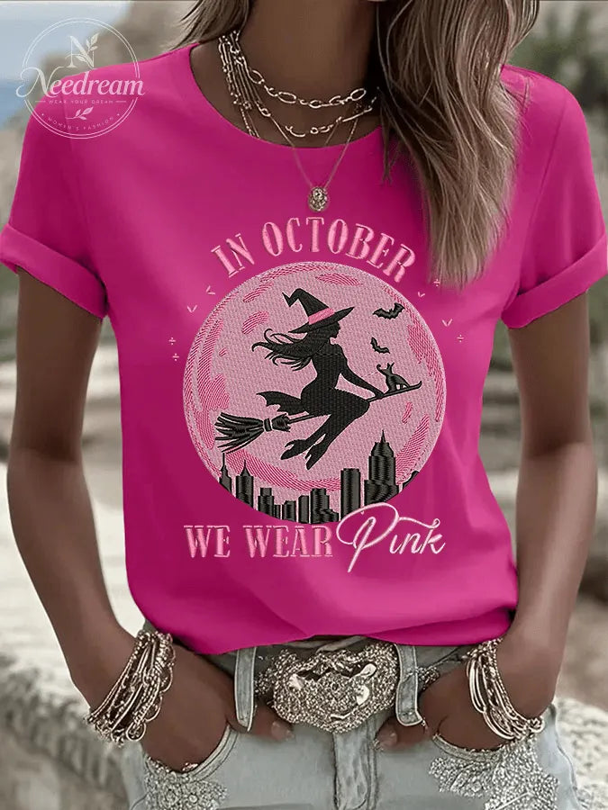 Women's In October We Wear Pink Print Crew Neck T-Shirt