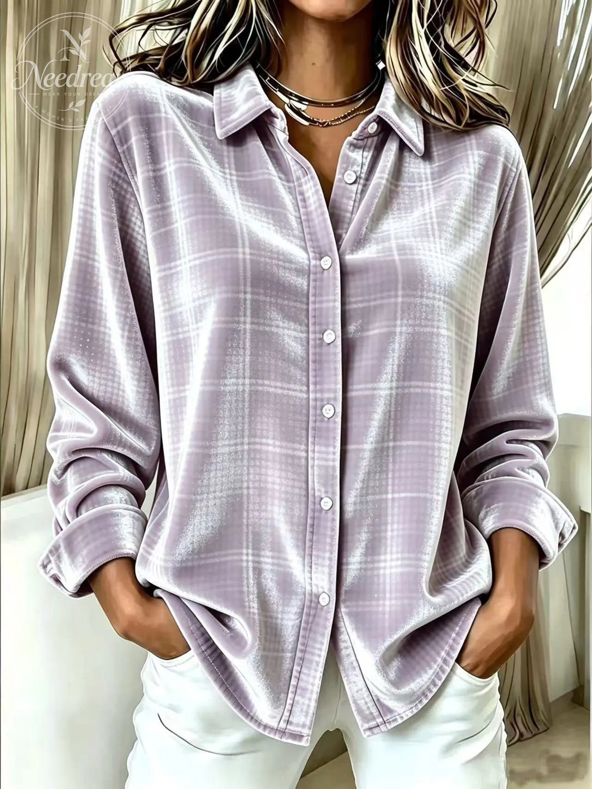 Women'S Gold Velvet Long-Sleeve Shirt With Lapel And Single-Breasted Button Closure