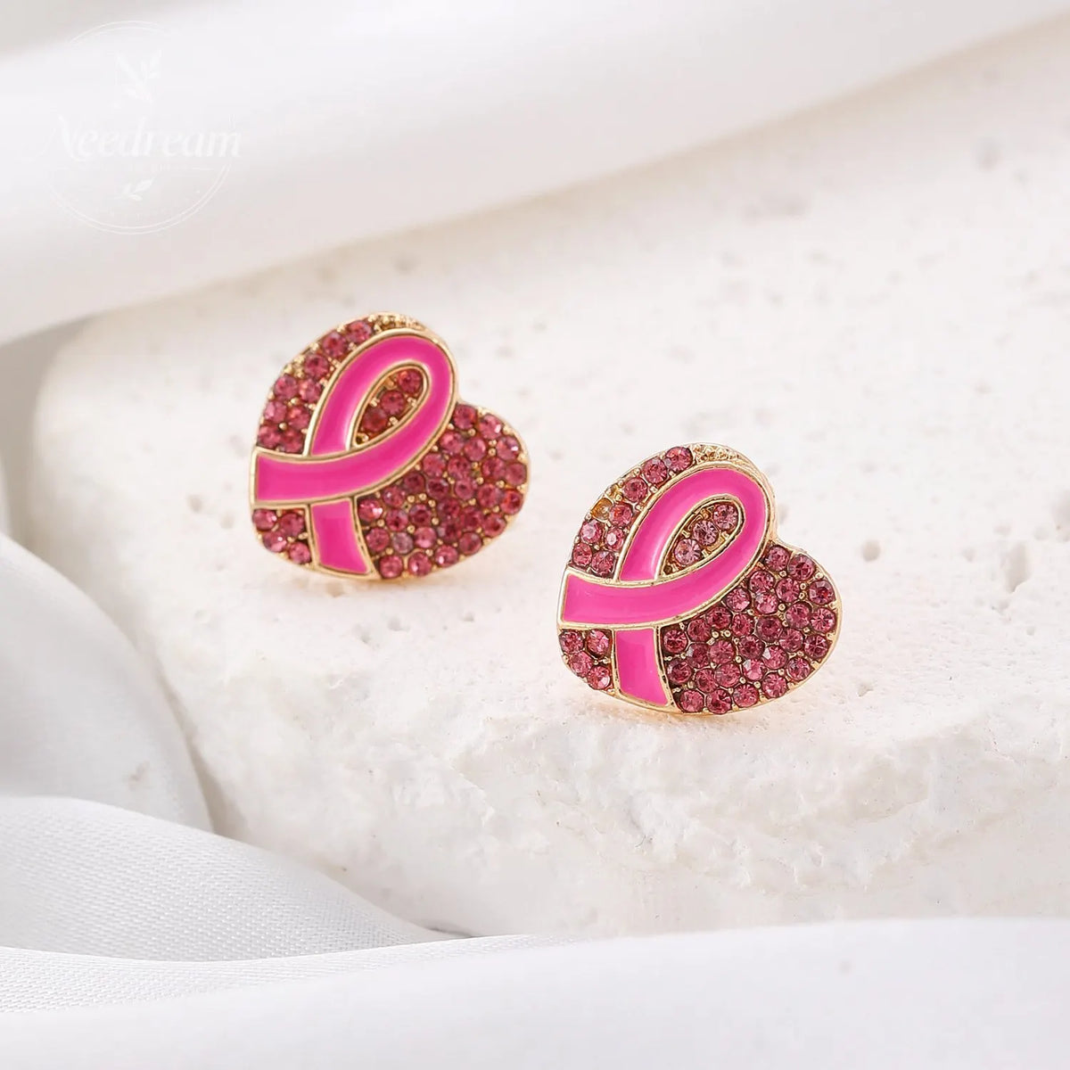 Pink Ribbon With Diamond Studded Heart-Shaped Bow Tie Earrings