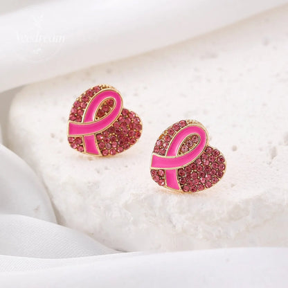 Pink Ribbon With Diamond Studded Heart-Shaped Bow Tie Earrings