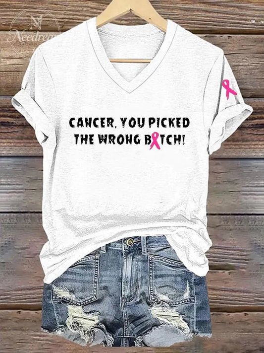 Women's Cancer, You Picked The Wrong Bitch Breast Cancer Awareness Printed V-Neck T-Shirt