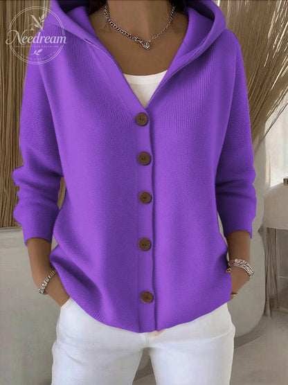 Solid Button Detailed Hoodie Sweater