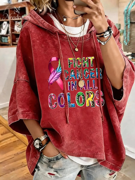 Women'S Fight Cancer In All Colors  Distressed Washed Oversized Hoodie