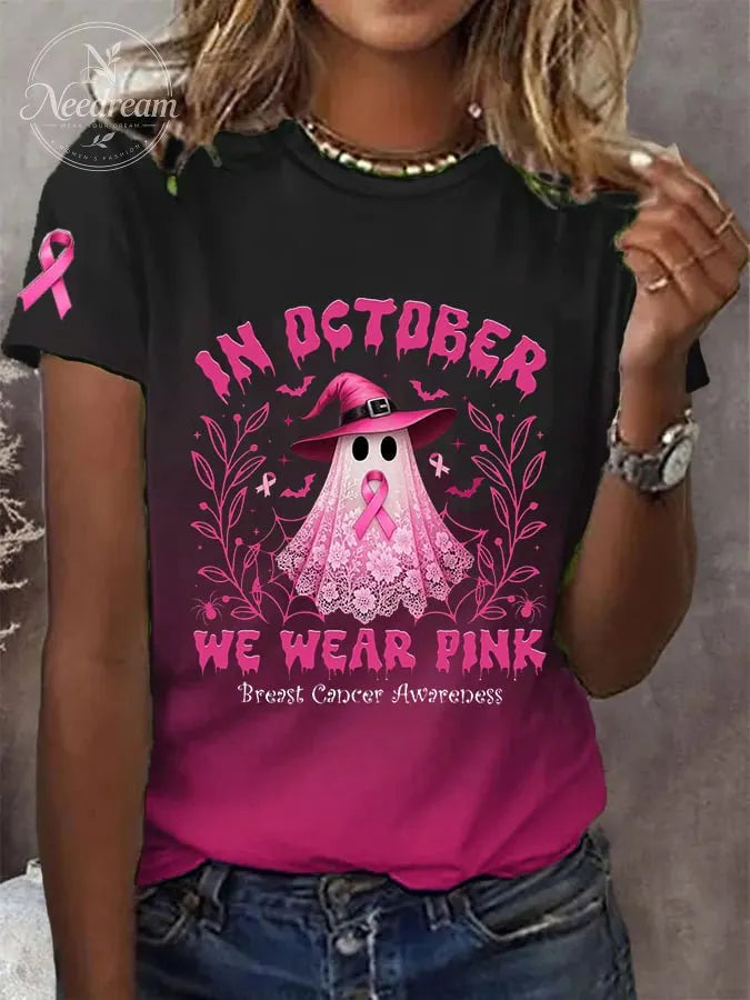 Women's In October We Wear Pink Breast Cancer Awareness Halloween Ghost Print T-Shirt