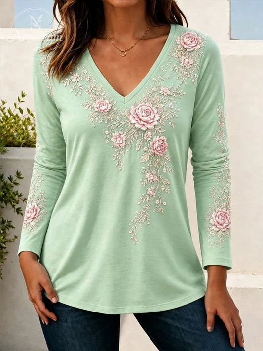 Women Floral Long Sleeve Tee T-shirt V Neck Casual Spring/Fall Top