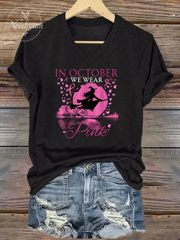 We Wear Pink Pattern  Print V Neck Casual T-Shirt