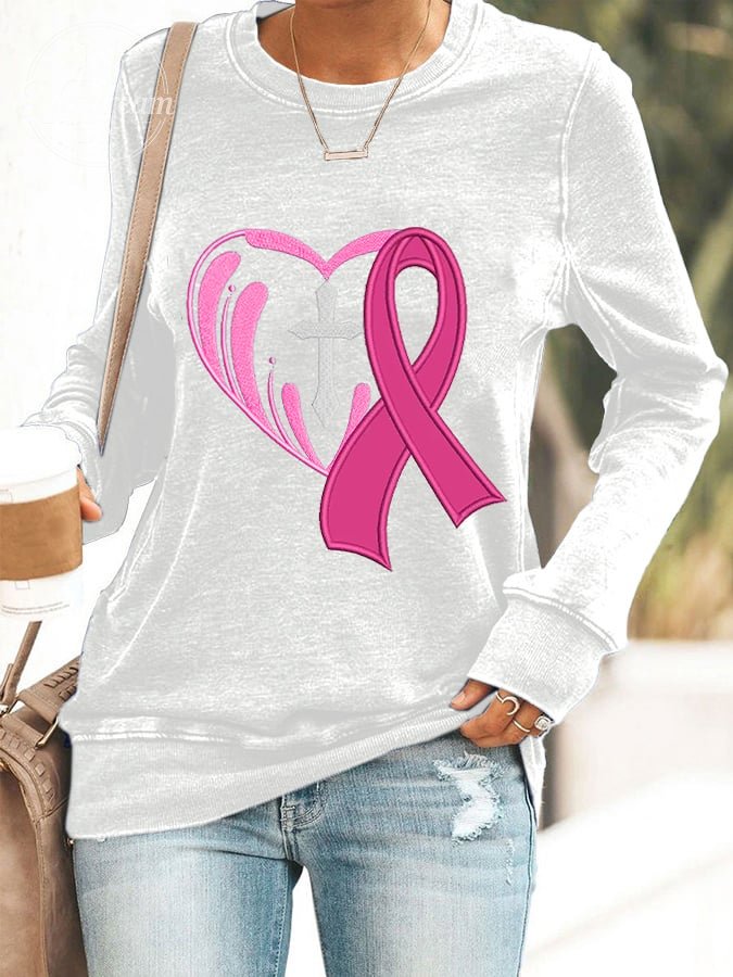 Women's Cross Heart  With Pink Ribbon Embroidered Printed Sweatshirt