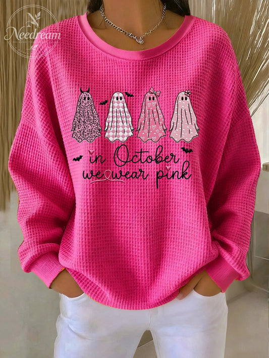 Women's Casual Pink Ghost Breast Cancer Waffle Multicolor Autumn and Winter Sweatshirt