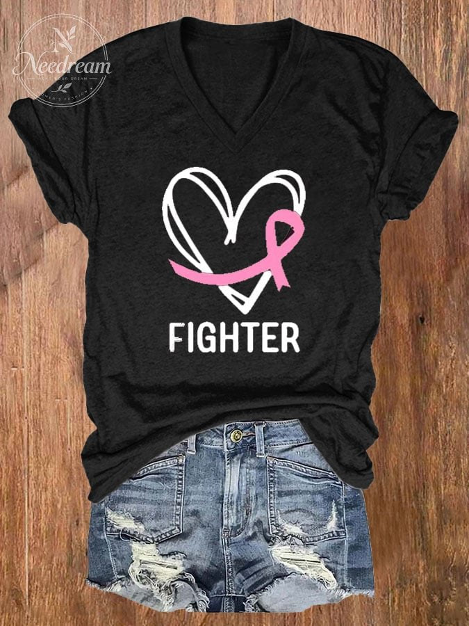 Women's Breast Cancer Awareness Printed V-Neck T-Shirt