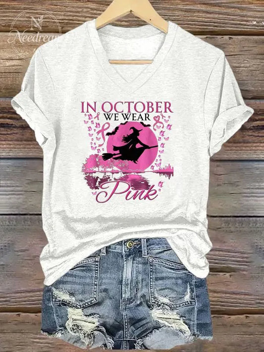 We Wear Pink Pattern  Print V Neck Casual T-Shirt