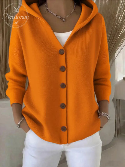 Solid Button Detailed Hoodie Sweater