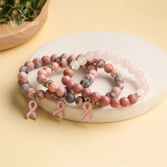 Pink Agate Cat Eye Stone Bead Heart-Shaped Bead Bracelet