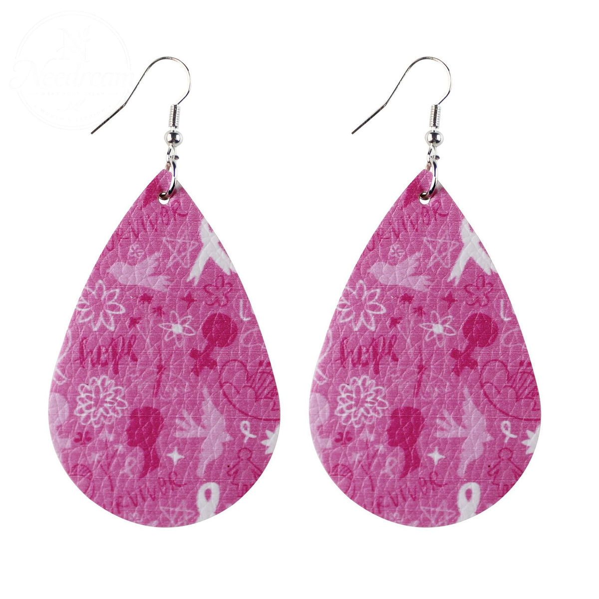 Pink Ribbon Artificial Leather Water Droplet Earrings