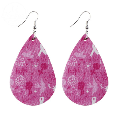 Pink Ribbon Artificial Leather Water Droplet Earrings