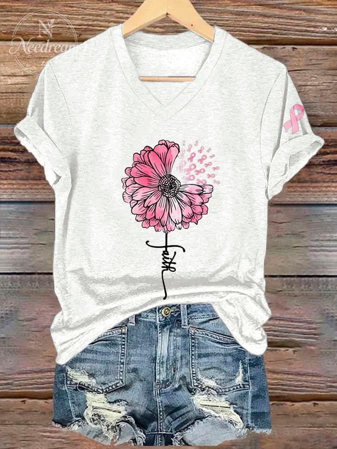 Women's Faith Breast Cancer Awareness Sunflower Print Casual T-Shirt