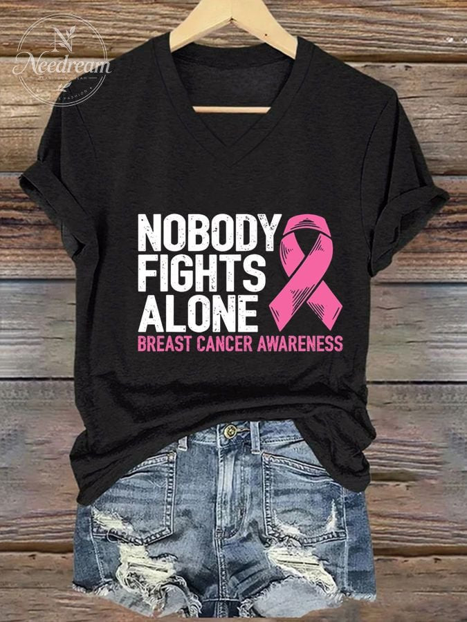 Women's Nobody Fights Alone Breast Cancer Awarenes print casual T-shirt