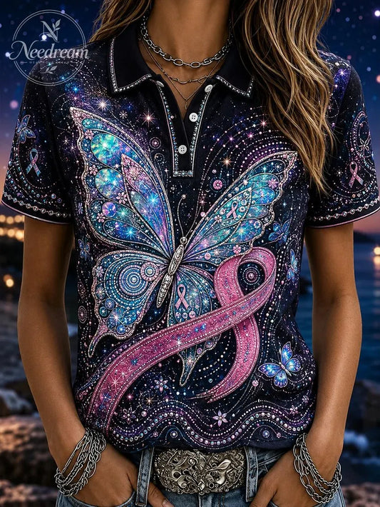 Women's Cotton Blend Polo Tee with Breast Cancer Awareness Print