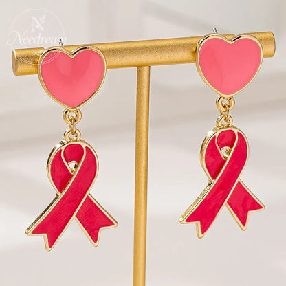 Pink Dripping Oil Heart Red Ribbon Earrings