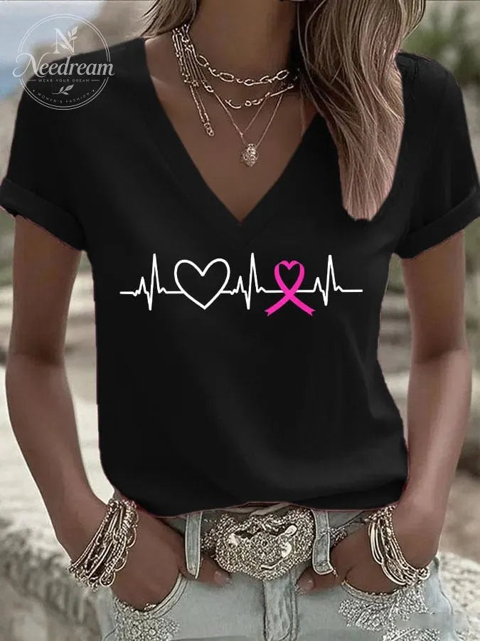 Women's Breast Cancer Love Ribbon Print Casual T-shirt