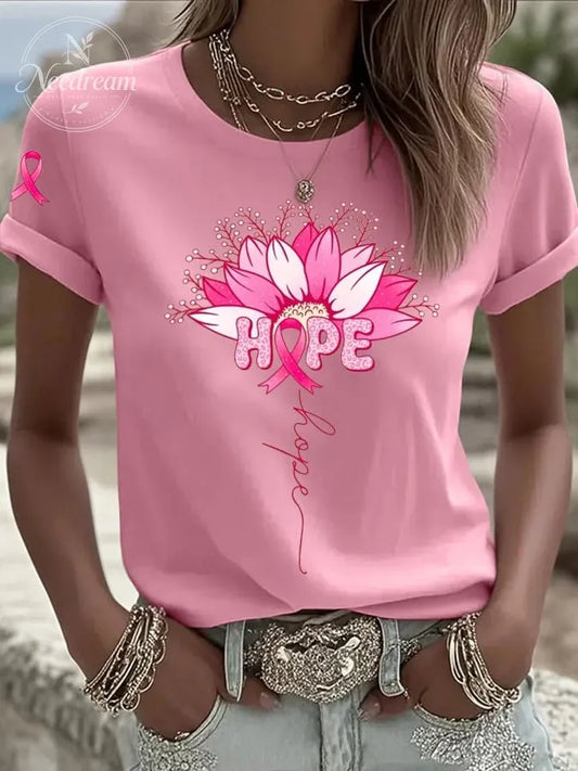 Women's Hummingbird Sunflower Breast Cancer Awareness Print Casual T-shirt