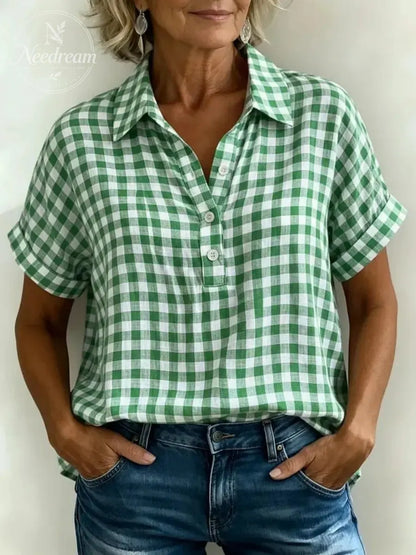 Women's Classic Plaid Cotton-Linen V-Neck Button-Front Shirt