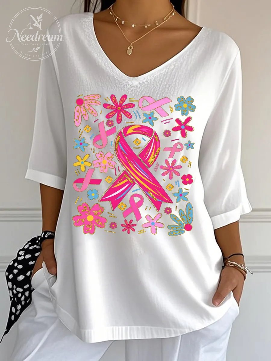 Women's Breast Cancer Pink Ribbon Print Wrinkle Top