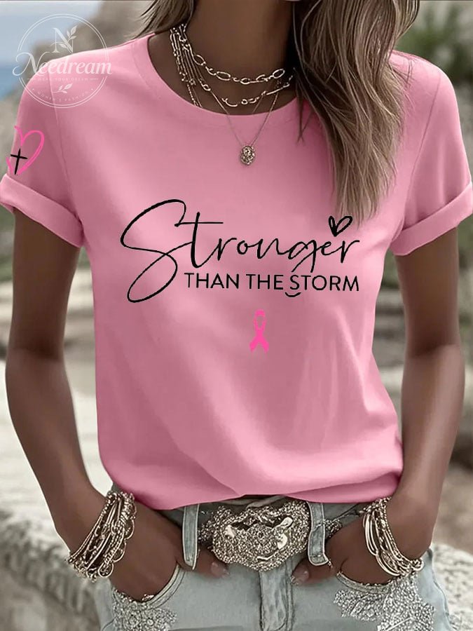 Women's Breast Cancer Christian Stronger Than The Storm Print Casual T-shirt