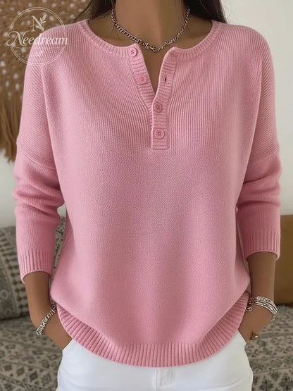 Women Plain Casual Long Sleeve Henley Collar Cotton Sweater
