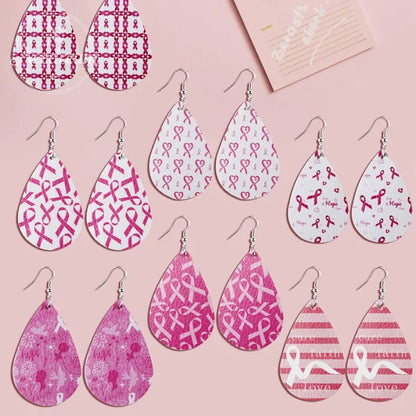 Pink Ribbon Artificial Leather Water Droplet Earrings