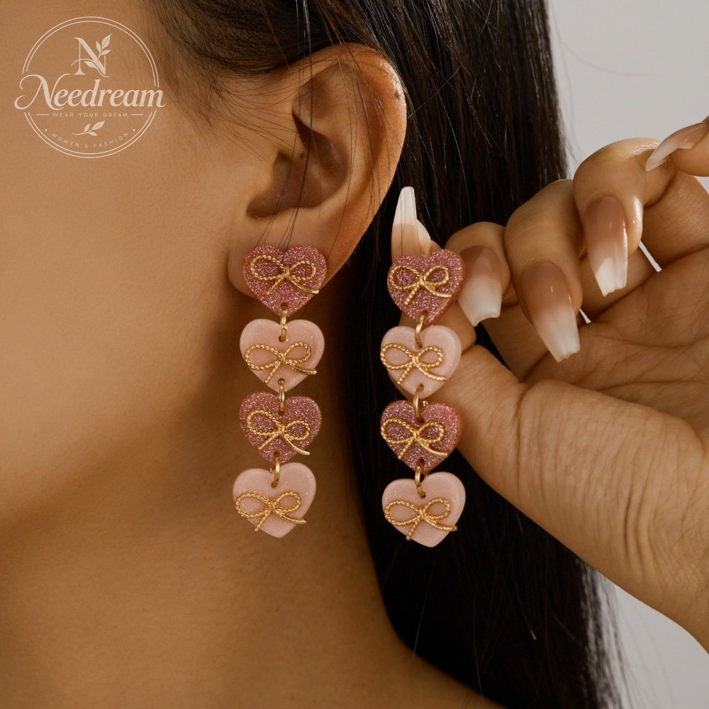 Pink Heart-Shaped Bow Tassel Earrings