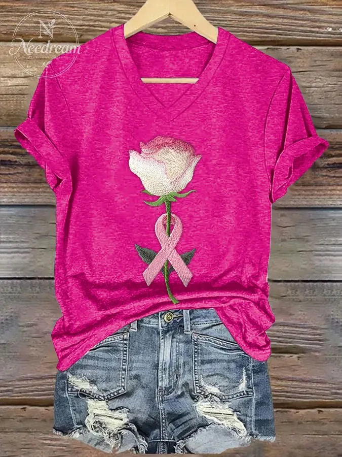Women's embroidered pink floral print T-shirt