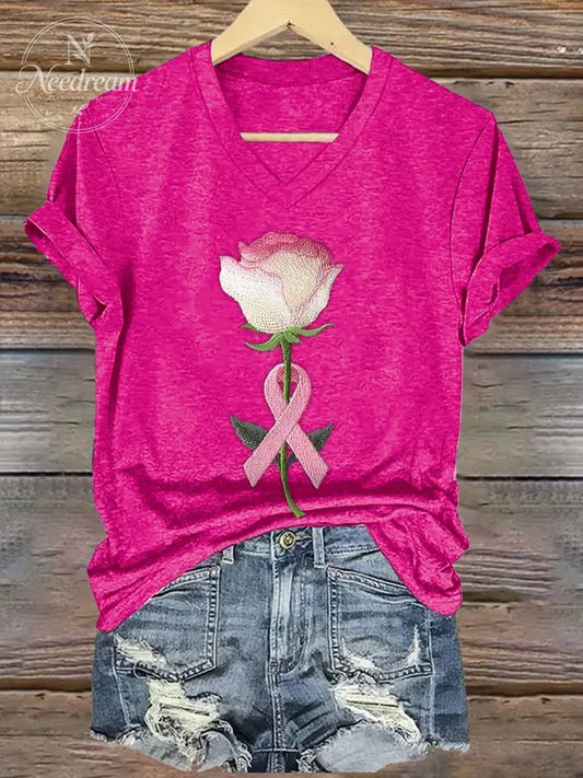 Women's embroidered pink floral print T-shirt