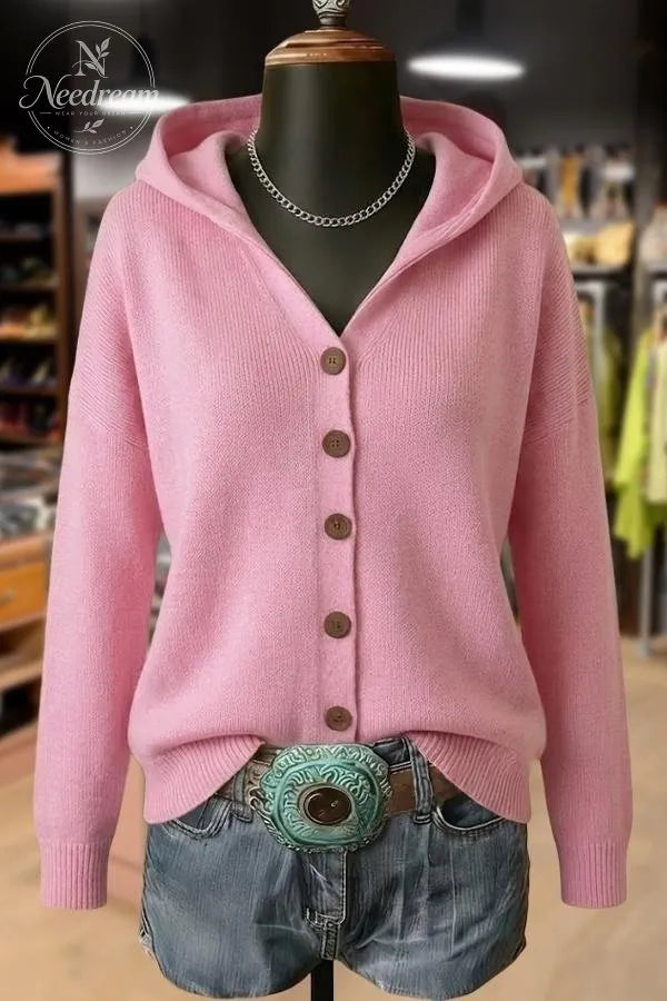 Solid Button Detailed Hoodie Sweater