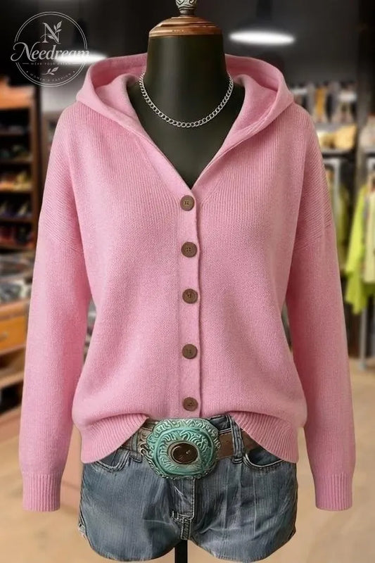 Solid Button Detailed Hoodie Sweater