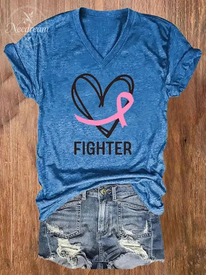 Women's Breast Cancer Awareness Printed V-Neck T-Shirt