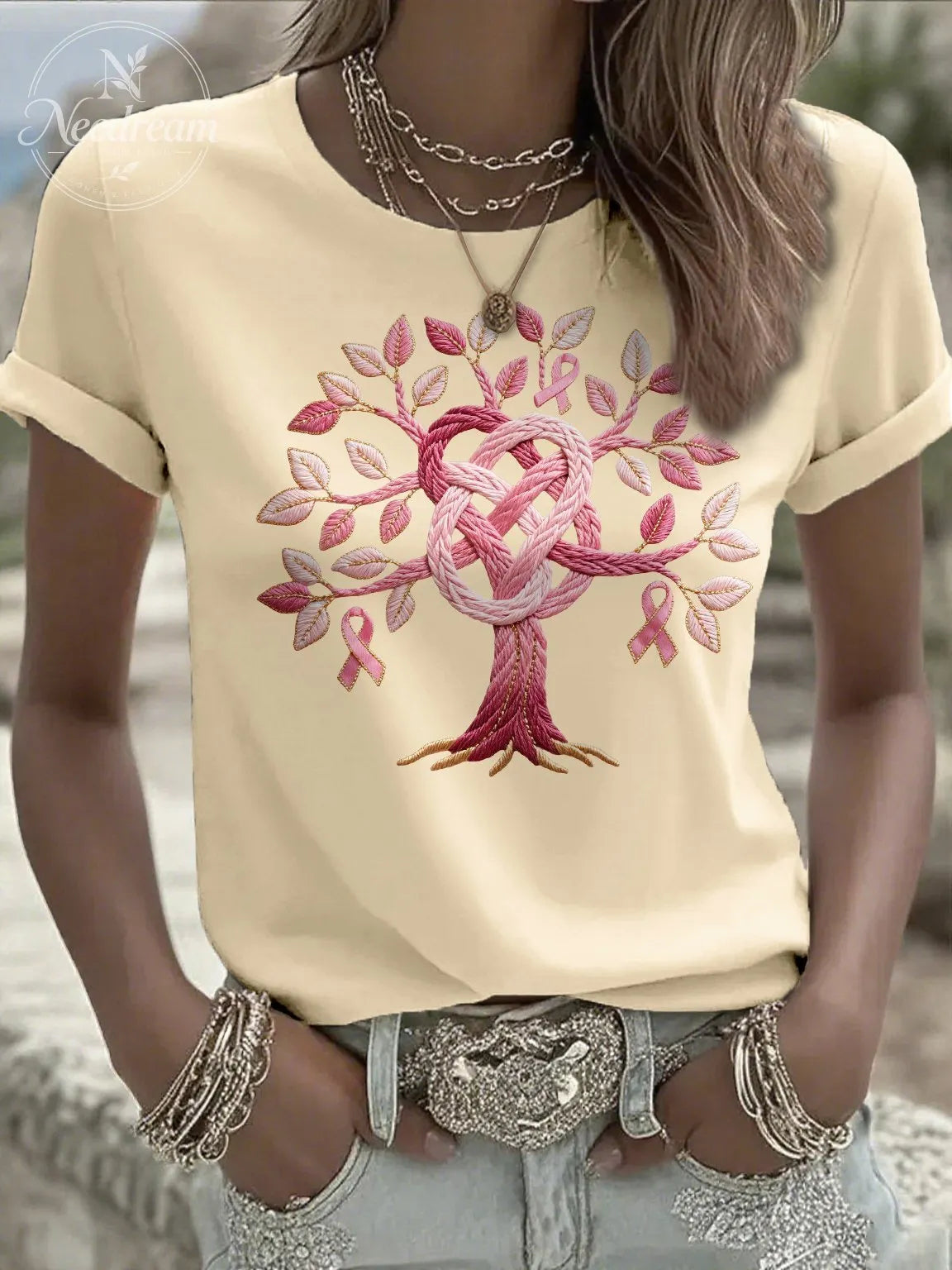 Women's Casual Pink Breast Cancer Tree of Life T-shirt